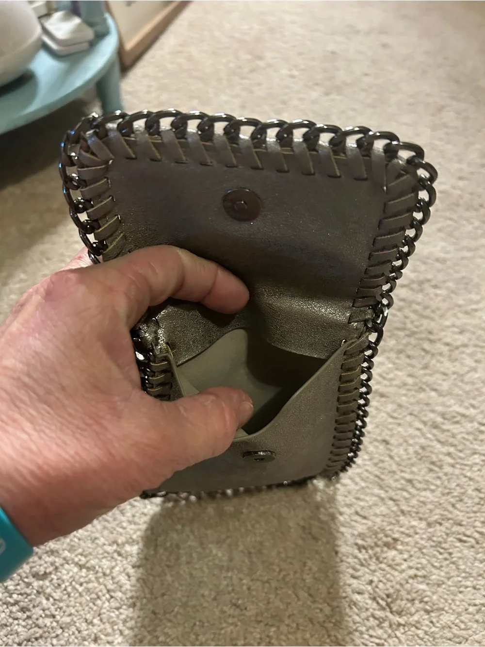 Chain-Trim Metallic Gray Gunmetal Crossbody Phone Bag